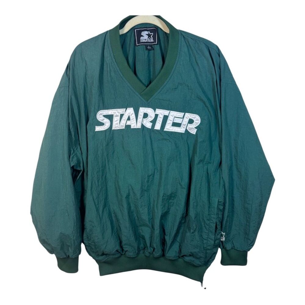 Vintage 90s Starter Spellout Pullover Windbreaker Mens L Forest Green Macau EUC